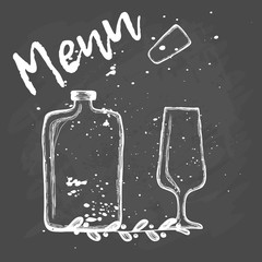 Menu. Bottle and glassHand drawing illustration with chalk on a blackboard. calligraphy