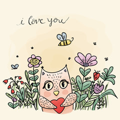 Owl with hearts and flowers. Valentine's Day. watercolor, grunge.