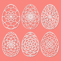 Set of Vector Stencil lacy Easter egg with carved openwork patte - 136565643