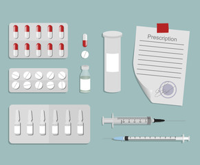 drugs image - syringes, pills, ampoules, prescription