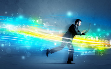 Business man running in high tech wave concept