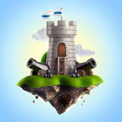 Magic Castle defense with guns on a flying island. 3d render