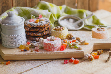 Set of rahat lokum with candied peels, nuts and sugar powder