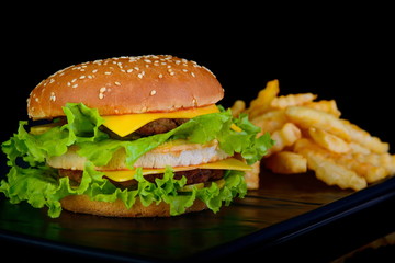 hamburger on black background