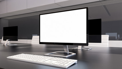 White monitor is placed on wooden table , 3D rendering