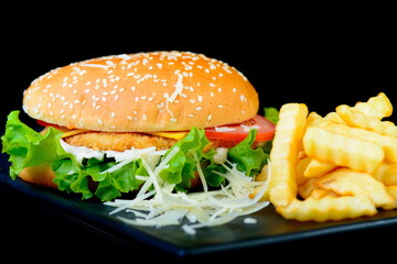 hamburger on black background