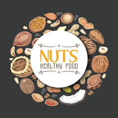 Seamless pattern with colored nuts and seeds