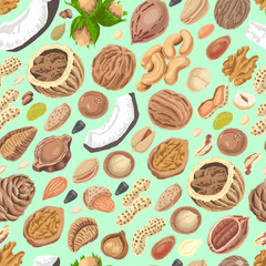 Seamless pattern with colored nuts and seeds