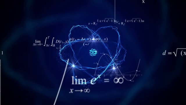 Flying math formulas looped animated abstract background. Atom model animation. - Powered by Adobe