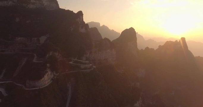 Aerial view of majestic peaks and Tianmen cave of Tianmen mountain national park, Hunan province, China