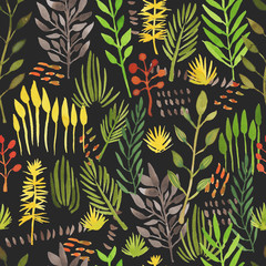 Spring watercolor seamless pattern made of plants. Seamless watercolor illustration on black background.