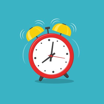 Alarm clock red wake-up time isolated on background in flat style. Vector illustration