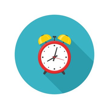 Alarm clock red icon with shadow isolated on white background in flat style. Vector illustration