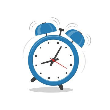 Alarm clock blue wake-up time isolated on white background in flat style. Vector illustration