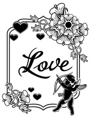 Black and white label with silhouettes of Cupid. Vector clip art.