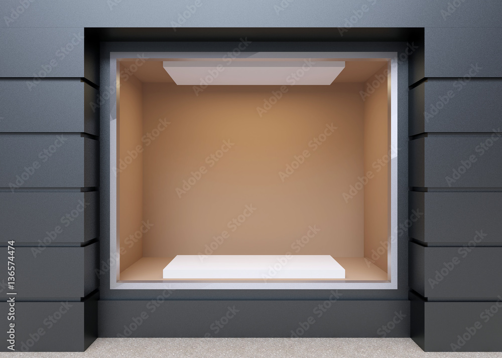 Wall mural blank mock up of store street showcase window in a city. 3d rend
