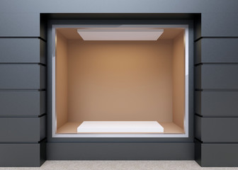 Blank mock up of store street showcase window in a city. 3D rend
