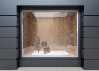 Blank mock up of store street showcase window in a city. 3D rend
