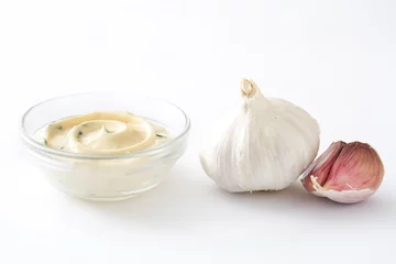 Foto auf Acrylglas Aioli sauce and ingredients isolated on white background   © chandlervid85