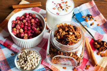 Granola, wild strawberries and, sunflower seeds