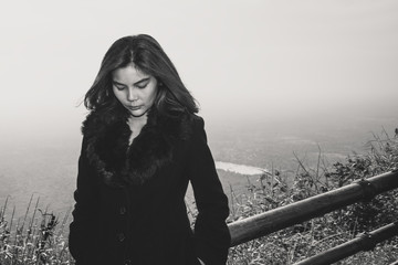 Woman portrait in mourning,sad sadness concept.black and white tone
