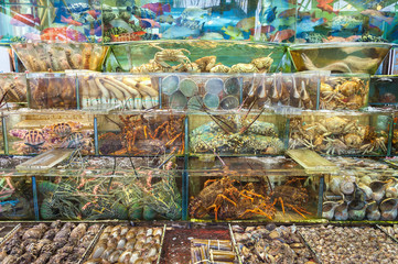 Live seafood outside a restaurant in Sai Kung, Hong Kong