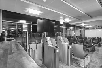 Airport boarding pass control area. Travel and tourism backgroun