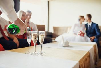 Obraz na płótnie Canvas Newlyweds are celebrating with the champagne
