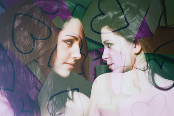 Double exposure of girls looking at each other and valentine sticky notes