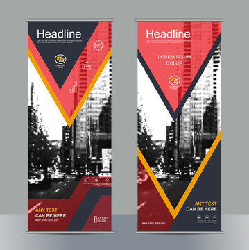 Set business roll up banner with geometric shapes. Abstract composition. City building image for brand flag. Info banner template. Interesting vector illustration. Cover design. Vertical flyer