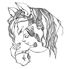 Girl and horse, hand-drawn illustration, vector