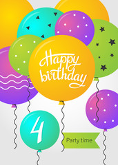 Happy Birthday card template with balloons. 4 years. Vector illustration