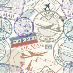 Travel or air mail grunge rubber stamps set, seamless pattern