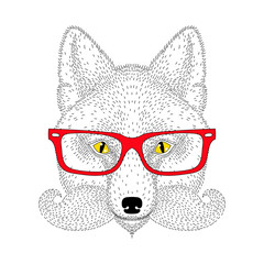 Cute fox portrait with french mustache, beard, glasses. Hand dra