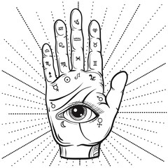Fortune Teller Hand with Palmistry diagram, handdrawn all seeing - 136582067