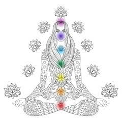 Girl sitting in lotus pose with chakras.  Vector ornate boho wom - 136582084