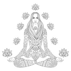 Girl sitting in lotus pose.  Vector ornate boho woman with lotus