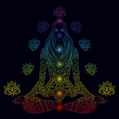 Girl sitting in lotus pose with chakras.  Vector ornate boho wom - 136582086