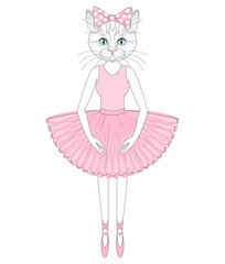 Vector cute cat in dress like ballerina. Hand drawn anthropomorp