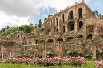 Obraz premium The Roman Forum is a plaza surrounded by many ruins of ancient government buildings in the center of Rome