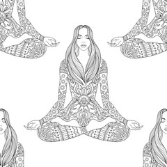 Woman sitting in lotus pose.  Vector ornate girl silhouette seam