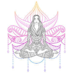 Woman sitting in lotus position on color background.  Vector orn