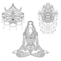 Woman sitting in lotus position, hamsa hand, flower tattoo desig