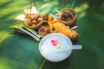 Thai Royal Cuisine. dry-cooked rice in cold water, eaten with condiments, rice in ice water, Food for summer season,Thailand