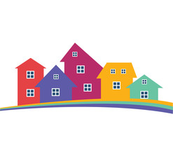 Houses or real estate on a a hill design has space for text on background. Vector image.