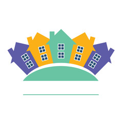 Houses or real estate on a a hill design has space for text on background. Vector image.
