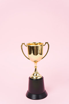 gold winner cup on pink background