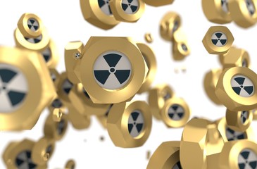 Nuts levitation group with nuclear danger icon. Shallow depth of focus. 3D rendering