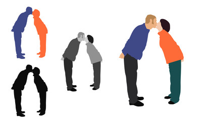 Realistic flat colored illustration of a kissing couple