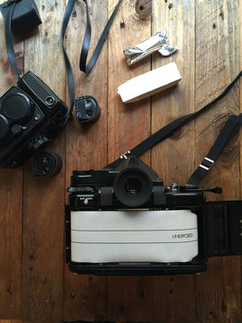 Overhead shoot of vintage film cameras